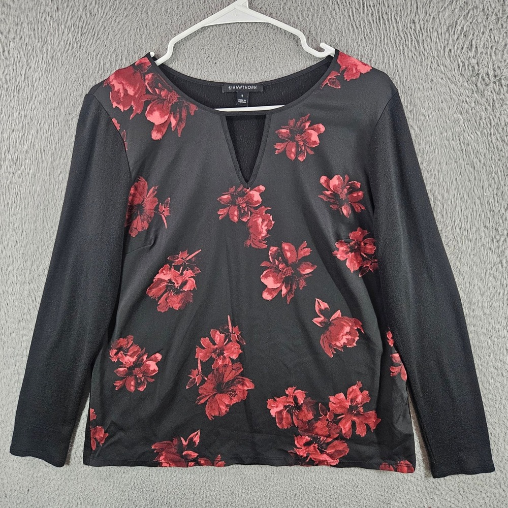 41 Hawthorn Womens Red Floral Split V-Neck Long Sleeve Top Black Medium
